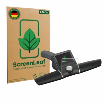 Parte frontal de un envase de producto con el logotipo de la marca ScreenLeaf. Al lado se muestra el dispositivo Motocaddy M7 