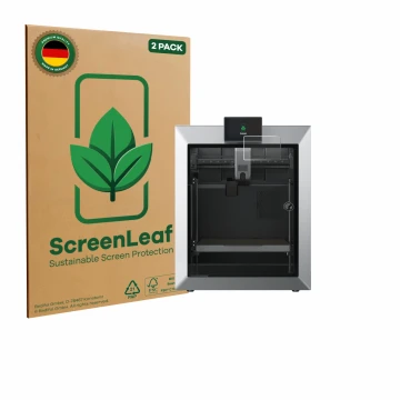 Parte frontal de un envase de producto con el logotipo de la marca ScreenLeaf. Al lado se muestra el dispositivo Qidi Tech Q2 