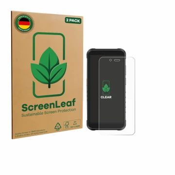 Parte frontal de un envase de producto con el logotipo de la marca ScreenLeaf. Al lado se muestra el dispositivo Ulefone RugKi
