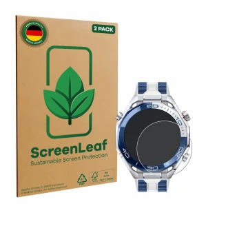 Parte frontal de un envase de producto con el logotipo de la marca ScreenLeaf. Al lado se muestra el dispositivo Huawei Watch 