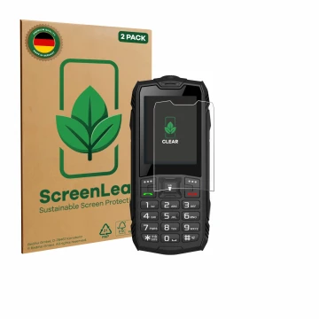 Parte frontal de un envase de producto con el logotipo de la marca ScreenLeaf. Al lado se muestra el dispositivo Hammer Rock c
