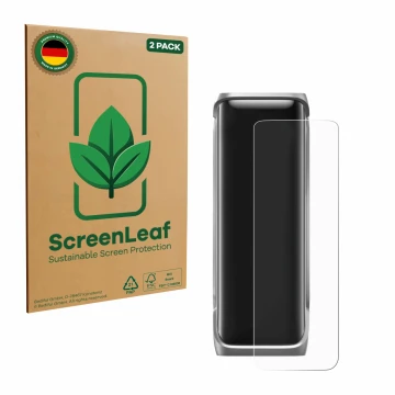 Parte frontal de un envase de producto con el logotipo de la marca ScreenLeaf. Al lado se muestra el dispositivo EcoFlow Rapid