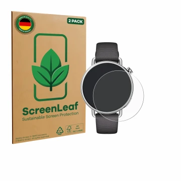 Parte frontal de un envase de producto con el logotipo de la marca ScreenLeaf. Al lado se muestra el dispositivo Xiaomi Watch 