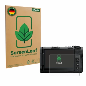 Parte frontal de un envase de producto con el logotipo de la marca ScreenLeaf. Al lado se muestra el dispositivo Nikon ZR con 
