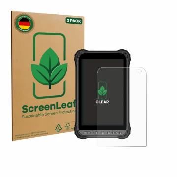 Parte frontal de un envase de producto con el logotipo de la marca ScreenLeaf. Al lado se muestra el dispositivo Zoomsmart A80