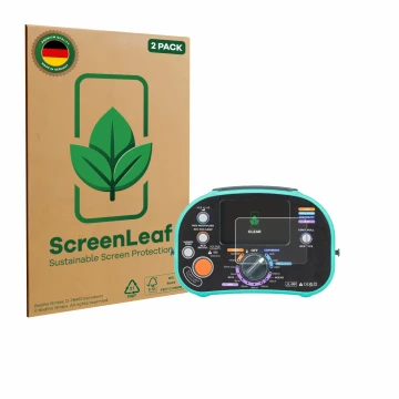 Parte frontal de un envase de producto con el logotipo de la marca ScreenLeaf. Al lado se muestra el dispositivo Kewtech KT63D