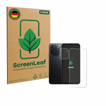Parte frontal de un envase de producto con el logotipo de la marca ScreenLeaf. Al lado se muestra el dispositivo Xiaomi Poco C