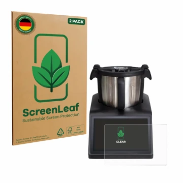 Parte frontal de un envase de producto con el logotipo de la marca ScreenLeaf. Al lado se muestra el dispositivo Ufesa TotalCh