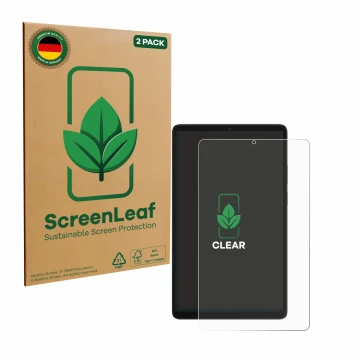 Parte frontal de un envase de producto con el logotipo de la marca ScreenLeaf. Al lado se muestra el dispositivo Samsung Galax