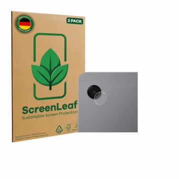 Parte frontal de un envase de producto con el logotipo de la marca ScreenLeaf. Al lado se muestra el dispositivo Samsung Galax