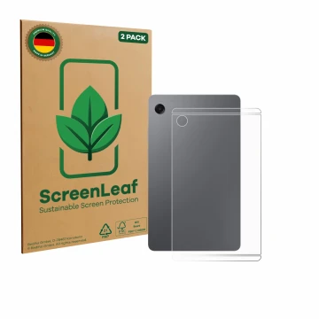 Parte frontal de un envase de producto con el logotipo de la marca ScreenLeaf. Al lado se muestra el dispositivo Samsung Galax