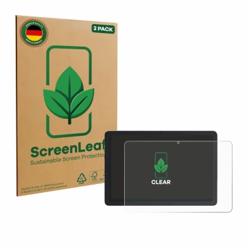 Parte frontal de un envase de producto con el logotipo de la marca ScreenLeaf. Al lado se muestra el dispositivo Cubot Tab 65 