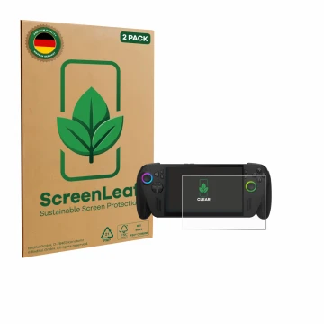 Parte frontal de un envase de producto con el logotipo de la marca ScreenLeaf. Al lado se muestra el dispositivo ASUS ROG Ally