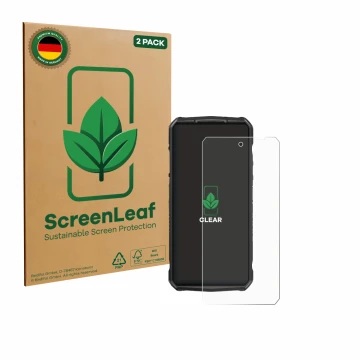 Parte frontal de un envase de producto con el logotipo de la marca ScreenLeaf. Al lado se muestra el dispositivo Ulefone 29 pr