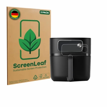 Parte frontal de un envase de producto con el logotipo de la marca ScreenLeaf. Al lado se muestra el dispositivo Philips Airfr