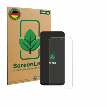 Parte frontal de un envase de producto con el logotipo de la marca ScreenLeaf. Al lado se muestra el dispositivo Infinix Smart