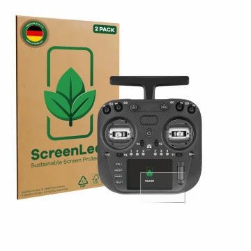 Parte frontal de un envase de producto con el logotipo de la marca ScreenLeaf. Al lado se muestra el dispositivo Radiomaster T