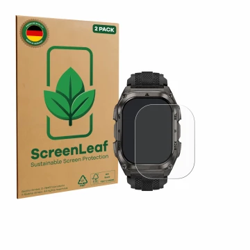 Parte frontal de un envase de producto con el logotipo de la marca ScreenLeaf. Al lado se muestra el dispositivo Kospet Tank M