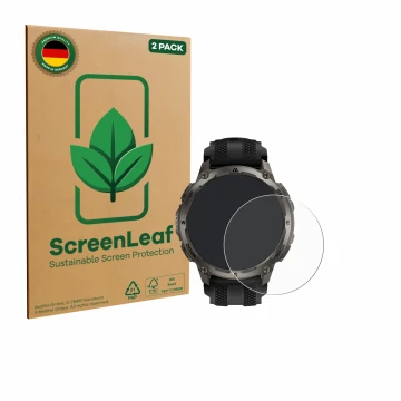 Parte frontal de un envase de producto con el logotipo de la marca ScreenLeaf. Al lado se muestra el dispositivo Kospet Tank T