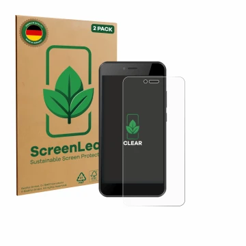 Parte frontal de un envase de producto con el logotipo de la marca ScreenLeaf. Al lado se muestra el dispositivo HTC Wildfire 