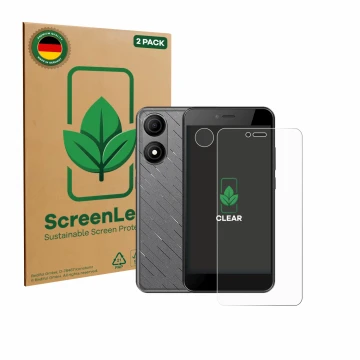 Parte frontal de un envase de producto con el logotipo de la marca ScreenLeaf. Al lado se muestra el dispositivo HTC Wildfire 