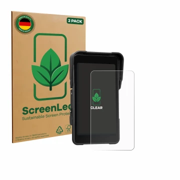 Parte frontal de un envase de producto con el logotipo de la marca ScreenLeaf. Al lado se muestra el dispositivo CAMECHO Motor