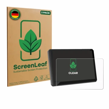 Parte frontal de un envase de producto con el logotipo de la marca ScreenLeaf. Al lado se muestra el dispositivo Carpuride W50