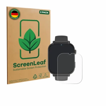 Parte frontal de un envase de producto con el logotipo de la marca ScreenLeaf. Al lado se muestra el dispositivo Ucani A22 con