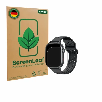 Parte frontal de un envase de producto con el logotipo de la marca ScreenLeaf. Al lado se muestra el dispositivo Jugeman P131 