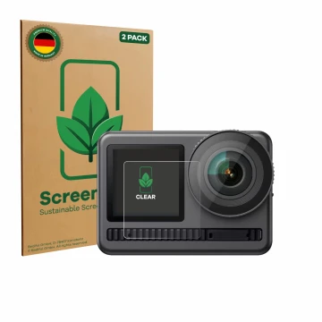 Parte frontal de un envase de producto con el logotipo de la marca ScreenLeaf. Al lado se muestra el dispositivo Akaso Brave 8