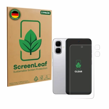 Parte frontal de un envase de producto con el logotipo de la marca ScreenLeaf. Al lado se muestra el dispositivo Infinix Smart