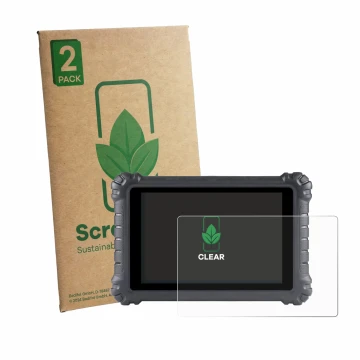 Parte frontal de un envase de producto con el logotipo de la marca ScreenLeaf. Al lado se muestra el dispositivo Autel MaxiSys