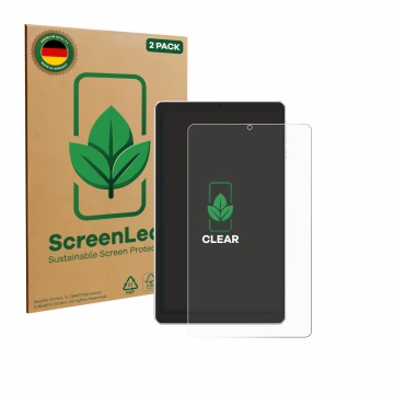 Parte frontal de un envase de producto con el logotipo de la marca ScreenLeaf. Al lado se muestra el dispositivo Ulefone Tab A