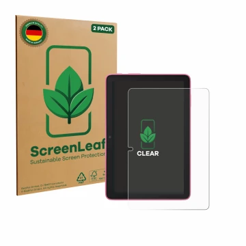 Parte frontal de un envase de producto con el logotipo de la marca ScreenLeaf. Al lado se muestra el dispositivo Amazon Fire H