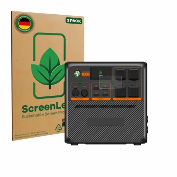 Parte frontal de un envase de producto con el logotipo de la marca ScreenLeaf. Al lado se muestra el dispositivo Bluetti AC240