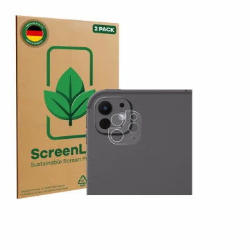 Parte frontal de un envase de producto con el logotipo de la marca ScreenLeaf. Al lado se muestra el dispositivo Apple iPad Pr