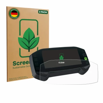 Parte frontal de un envase de producto con el logotipo de la marca ScreenLeaf. Al lado se muestra el dispositivo Suzuki DR-Z4S