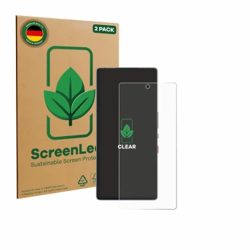 Parte frontal de un envase de producto con el logotipo de la marca ScreenLeaf. Al lado se muestra el dispositivo ZTE Nubia Red