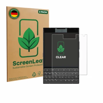 Parte frontal de un envase de producto con el logotipo de la marca ScreenLeaf. Al lado se muestra el dispositivo Unihertz Tita