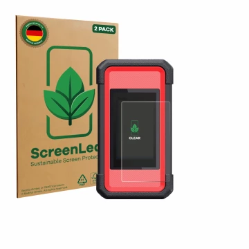 Parte frontal de un envase de producto con el logotipo de la marca ScreenLeaf. Al lado se muestra el dispositivo Launch X431 S