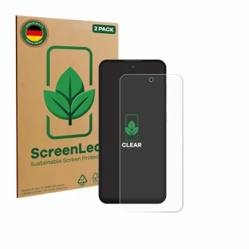 Parte frontal de un envase de producto con el logotipo de la marca ScreenLeaf. Al lado se muestra el dispositivo Oukitel C69 c