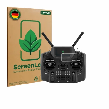 Parte frontal de un envase de producto con el logotipo de la marca ScreenLeaf. Al lado se muestra el dispositivo Radiomaster G