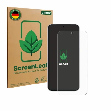 Parte frontal de un envase de producto con el logotipo de la marca ScreenLeaf. Al lado se muestra el dispositivo Vivo X300 con