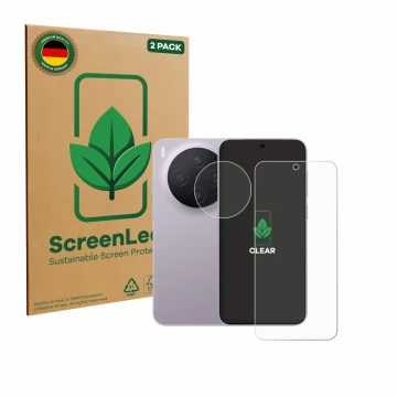 Parte frontal de un envase de producto con el logotipo de la marca ScreenLeaf. Al lado se muestra el dispositivo Vivo X300 (Fr
