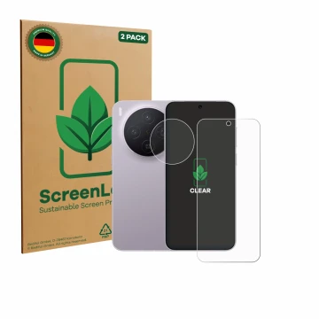 Parte frontal de un envase de producto con el logotipo de la marca ScreenLeaf. Al lado se muestra el dispositivo Vivo X300 Pro