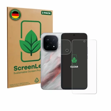 Parte frontal de un envase de producto con el logotipo de la marca ScreenLeaf. Al lado se muestra el dispositivo Vivo iQOO 15 