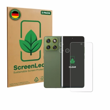 Parte frontal de un envase de producto con el logotipo de la marca ScreenLeaf. Al lado se muestra el dispositivo Motorola Edge