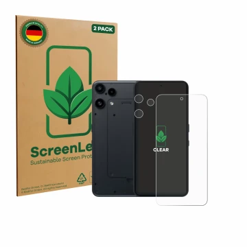 Parte frontal de un envase de producto con el logotipo de la marca ScreenLeaf. Al lado se muestra el dispositivo Nothing Phone
