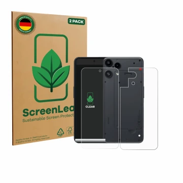 Parte frontal de un envase de producto con el logotipo de la marca ScreenLeaf. Al lado se muestra el dispositivo Nothing Phone