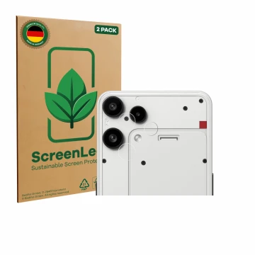 Parte frontal de un envase de producto con el logotipo de la marca ScreenLeaf. Al lado se muestra el dispositivo Nothing Phone